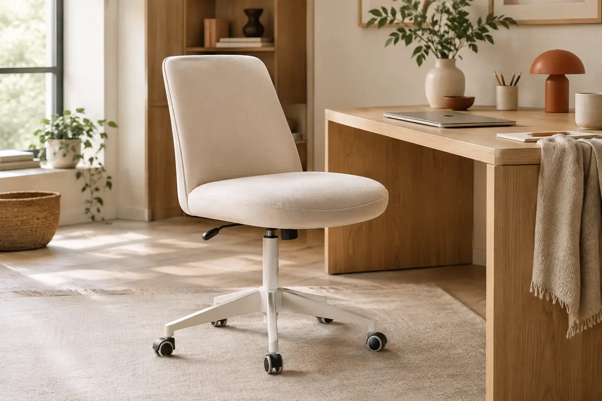 Chaise de bureau pivotante SONGMICS crème avec assise en velours, dossier plein et roulettes