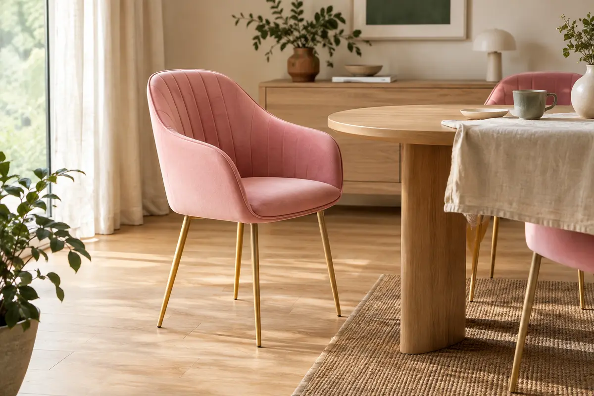 Chaise de salle à manger SONGMICS en velours rose bonbon, avec accoudoirs et pieds en métal doré clair.
