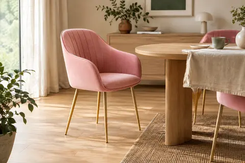 Chaise de salle à manger SONGMICS en velours rose bonbon, avec accoudoirs et pieds en métal doré clair.