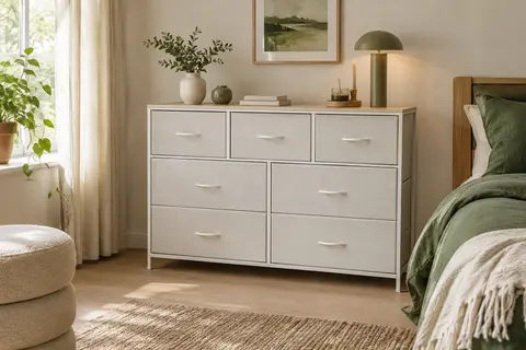 Commode blanche SONGMICS à cadre en acier, avec quatre grands et trois petits tiroirs dans une chambre.