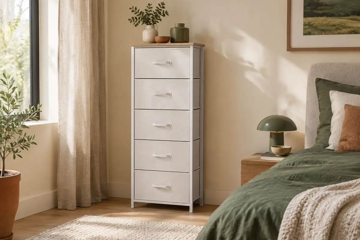 Commode SONGMICS blanche à cinq tiroirs en tissu, avec cadre en acier, installée dans une chambre claire.
