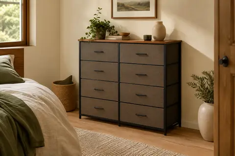 Commode à huit tiroirs marron rustique et noir d’encre dans une chambre lumineuse au décor sobre.