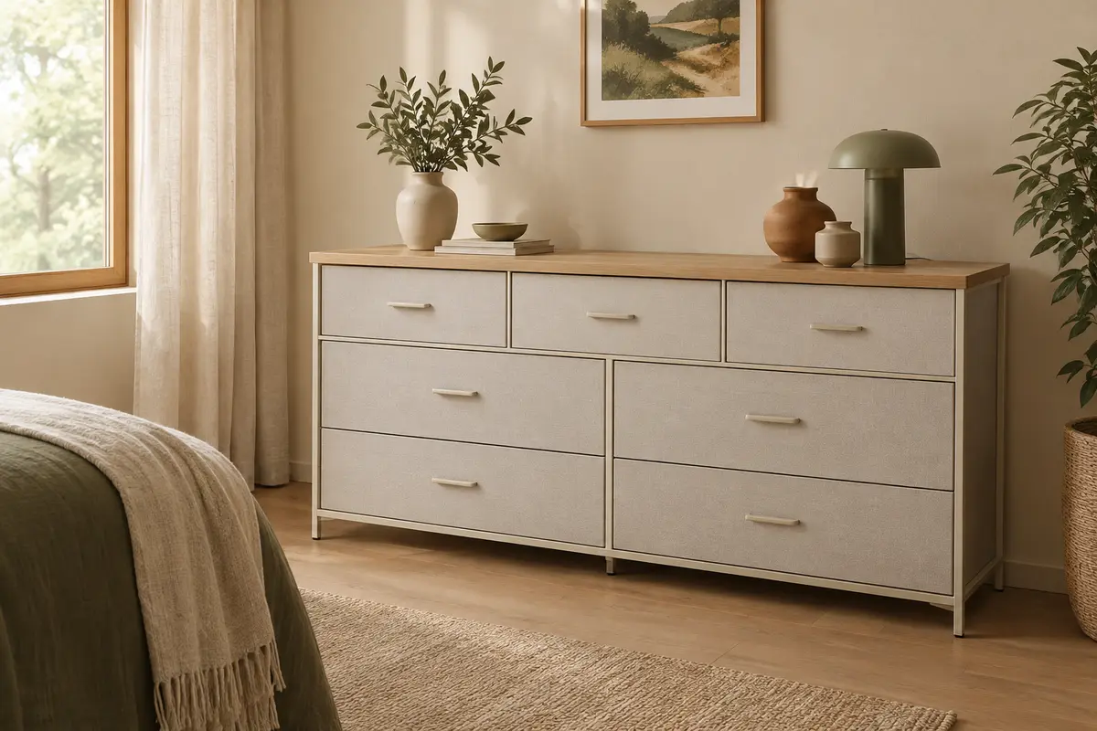 Commode SONGMICS blanche et beige à sept tiroirs en tissu, installée dans une chambre lumineuse