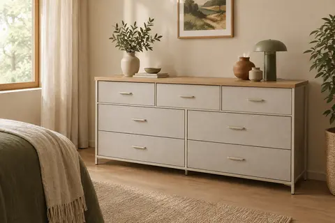 Commode SONGMICS blanche et beige à sept tiroirs en tissu, installée dans une chambre lumineuse