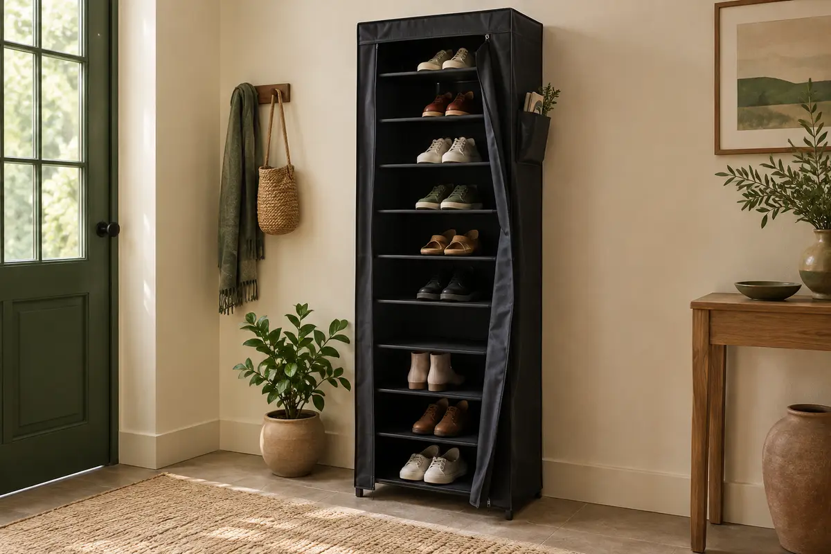 Étagère à chaussures noire SONGMICS à dix niveaux avec housse entrouverte dans une entrée lumineuse