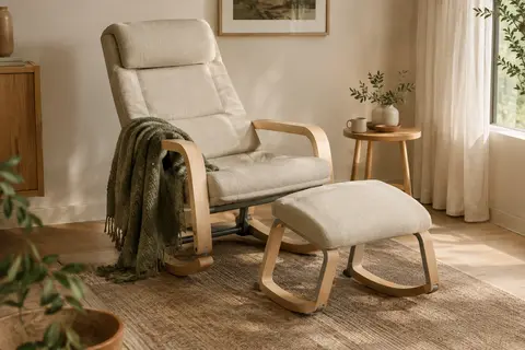 Fauteuil à bascule beige SONGMICS avec accoudoirs en bouleau et repose-pieds réglable dans un salon chaleureux.