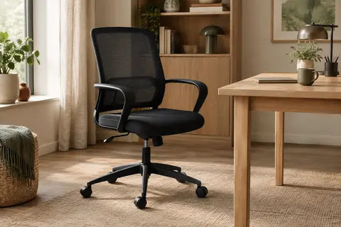 Chaise de bureau noire pivotante avec dossier en maille, assise rembourrée, accoudoirs et roulettes