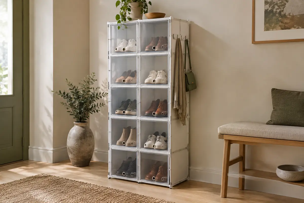 Meuble à chaussures blanc SONGMICS à dix compartiments, portes transparentes et crochets latéraux dans une entrée.