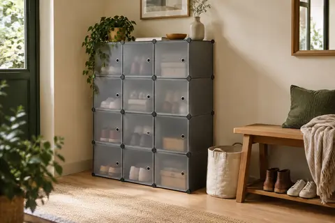 Meuble de rangement gris à 16 cubes avec portes semi-transparentes, installé dans une entrée lumineuse.