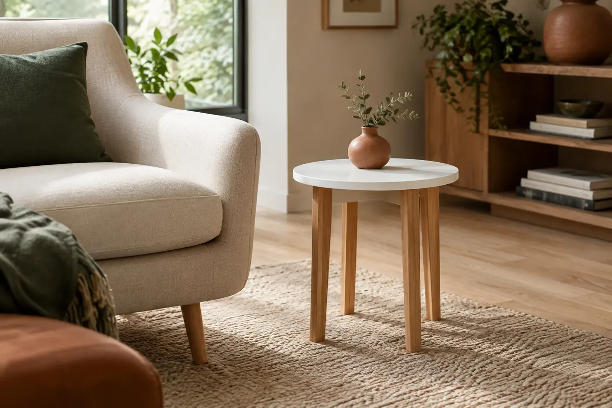 Petite table ronde à plateau blanc laqué et base en bois naturel dans un salon chaleureux