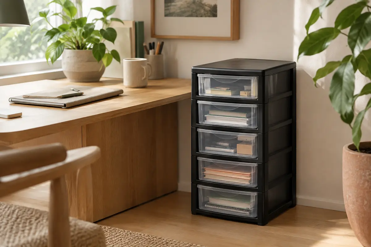 Tour de rangement Sundis noire avec cinq tiroirs transparents, posée dans un bureau aux tons chaleureux.