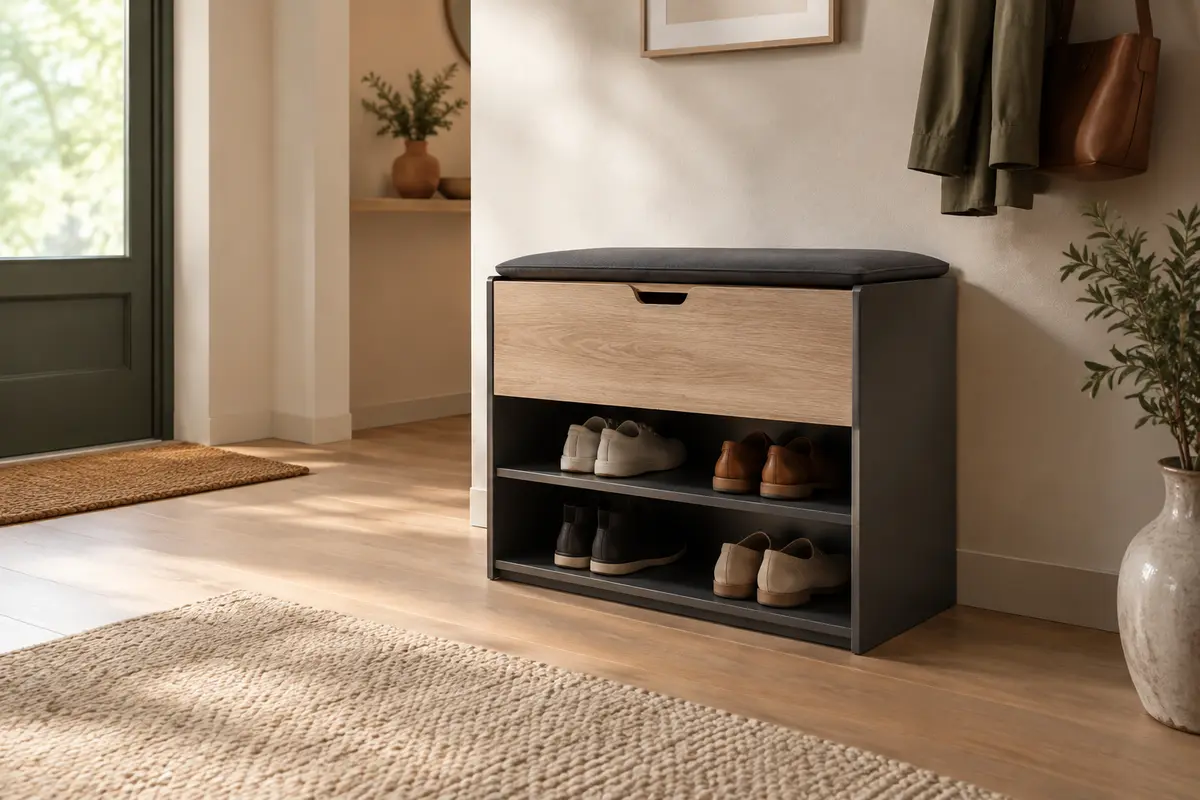 Banc à chaussures gris foncé et chêne Sonoma avec assise rembourrée et trois compartiments de rangement