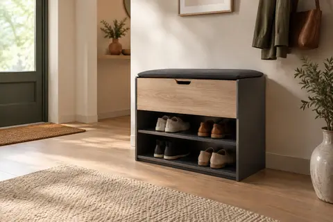 Banc à chaussures gris foncé et chêne Sonoma avec assise rembourrée et trois compartiments de rangement
