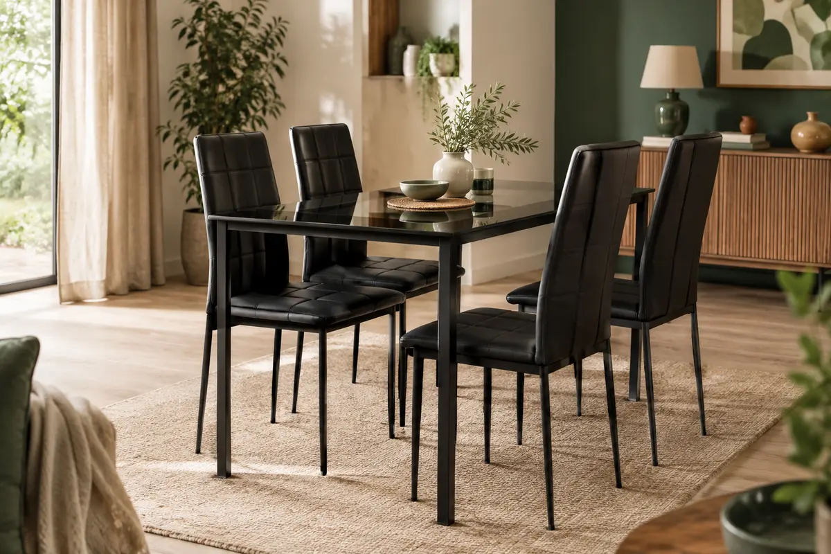 Table noire en verre trempé avec quatre chaises rembourrées à dossier haut dans une salle à manger lumineuse.