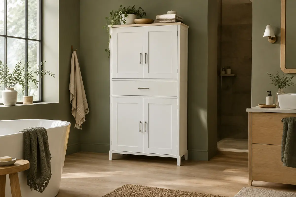 Armoire de salle de bain blanche avec quatre portes, un tiroir central et des poignées argentées