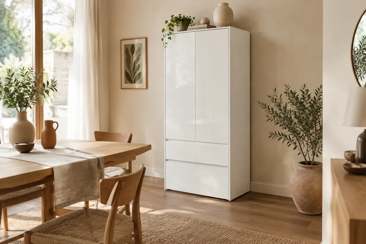 Buffet haut blanc laqué avec deux portes et deux tiroirs dans une salle à manger lumineuse