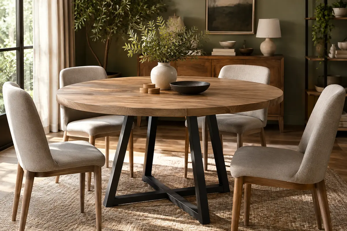 Table ronde Tribesigns de 120 cm en coloris bois, avec plateau à l’aspect assemblé et piètement de style tréteau.
