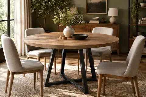 Table ronde Tribesigns de 120 cm en coloris bois, avec plateau à l’aspect assemblé et piètement de style tréteau.