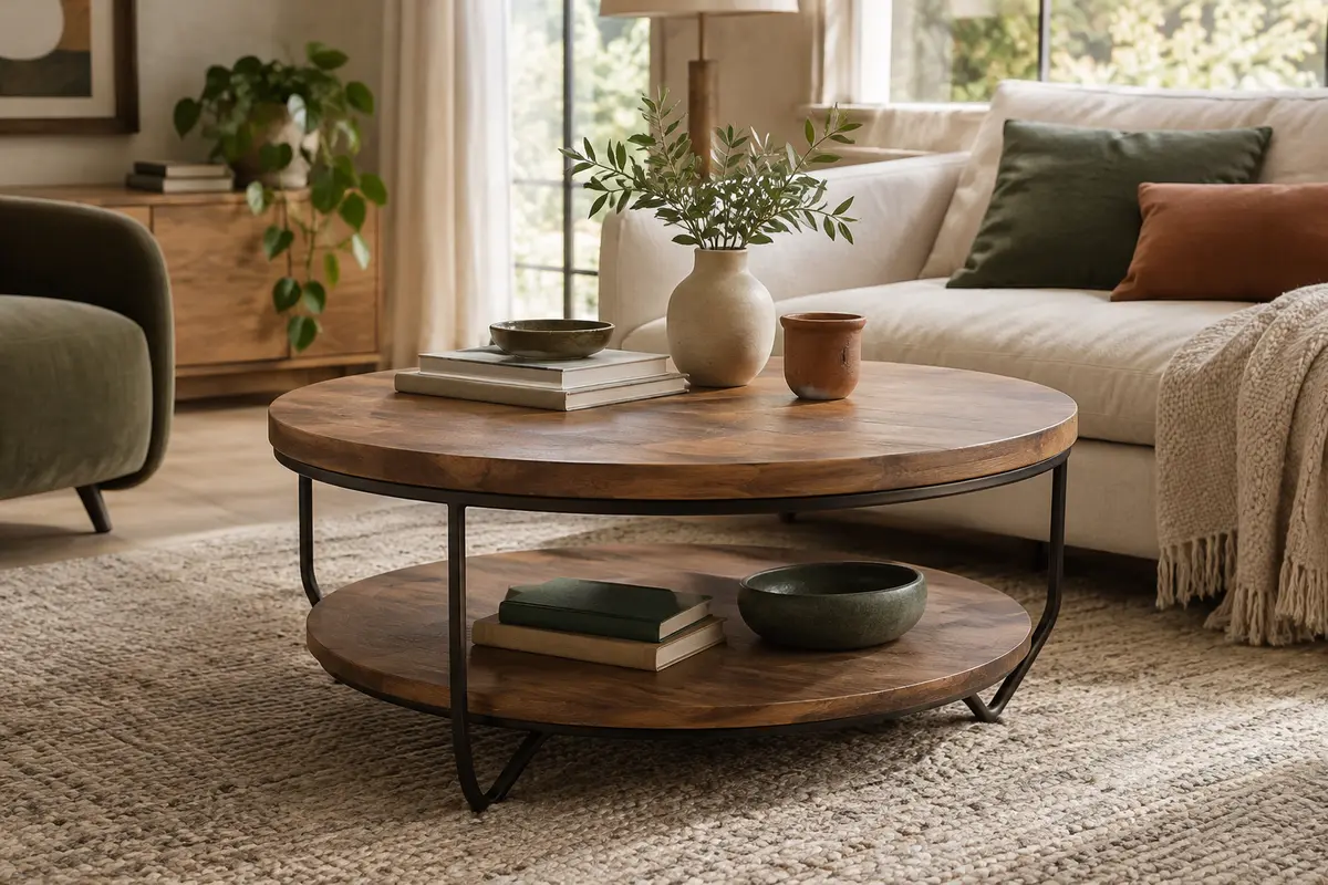 Table basse ronde Tribesigns à deux niveaux, plateau effet bois et structure métallique noire dans un salon.