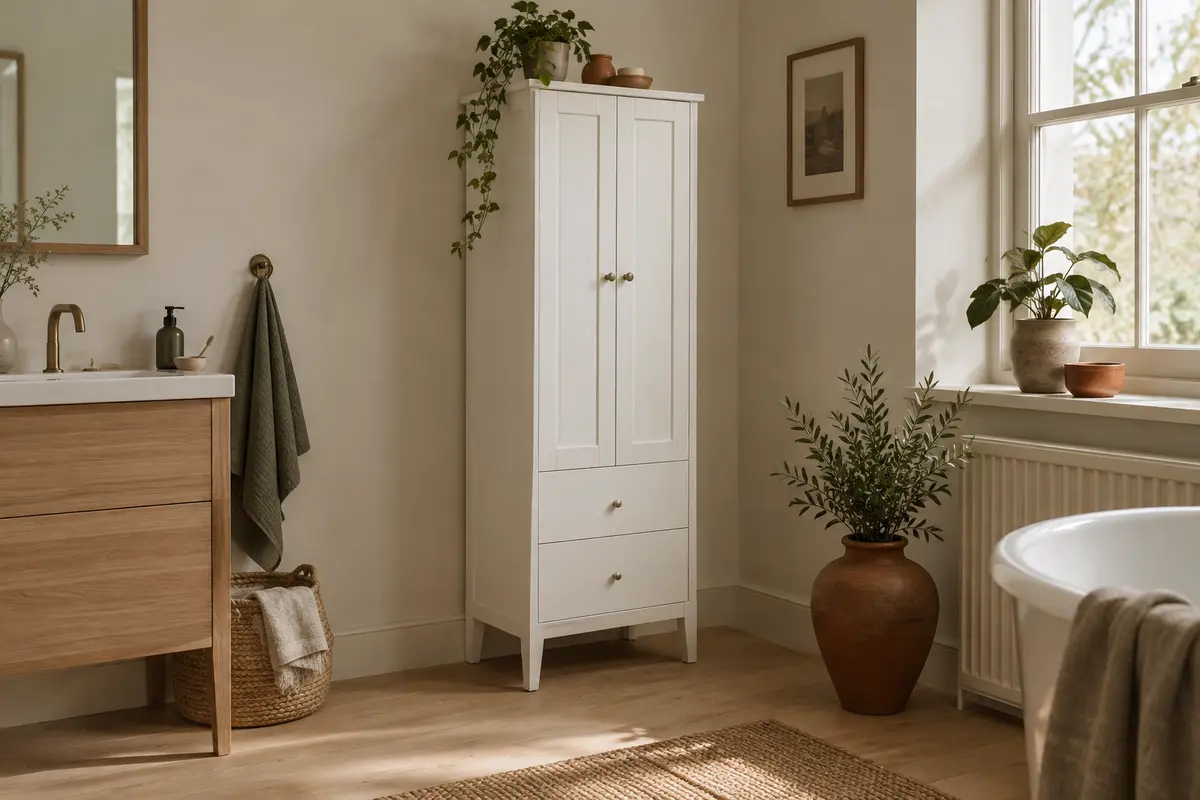 Armoire de salle de bain blanche VASAGLE avec deux portes, deux tiroirs et base surélevée.
