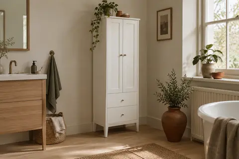 Armoire de salle de bain blanche VASAGLE avec deux portes, deux tiroirs et base surélevée.