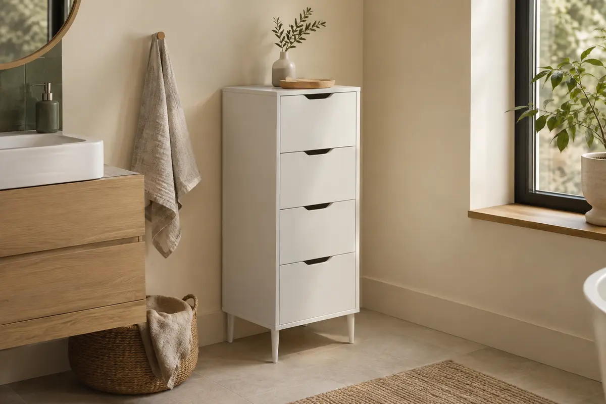 Armoire blanche VASAGLE à quatre tiroirs et pieds fins dans une salle de bain lumineuse.
