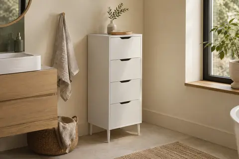 Armoire blanche VASAGLE à quatre tiroirs et pieds fins dans une salle de bain lumineuse.