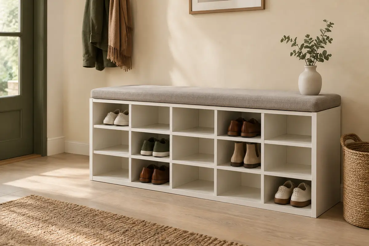 Banc à chaussures blanc à quinze compartiments ouverts avec coussin gris dans une entrée lumineuse.