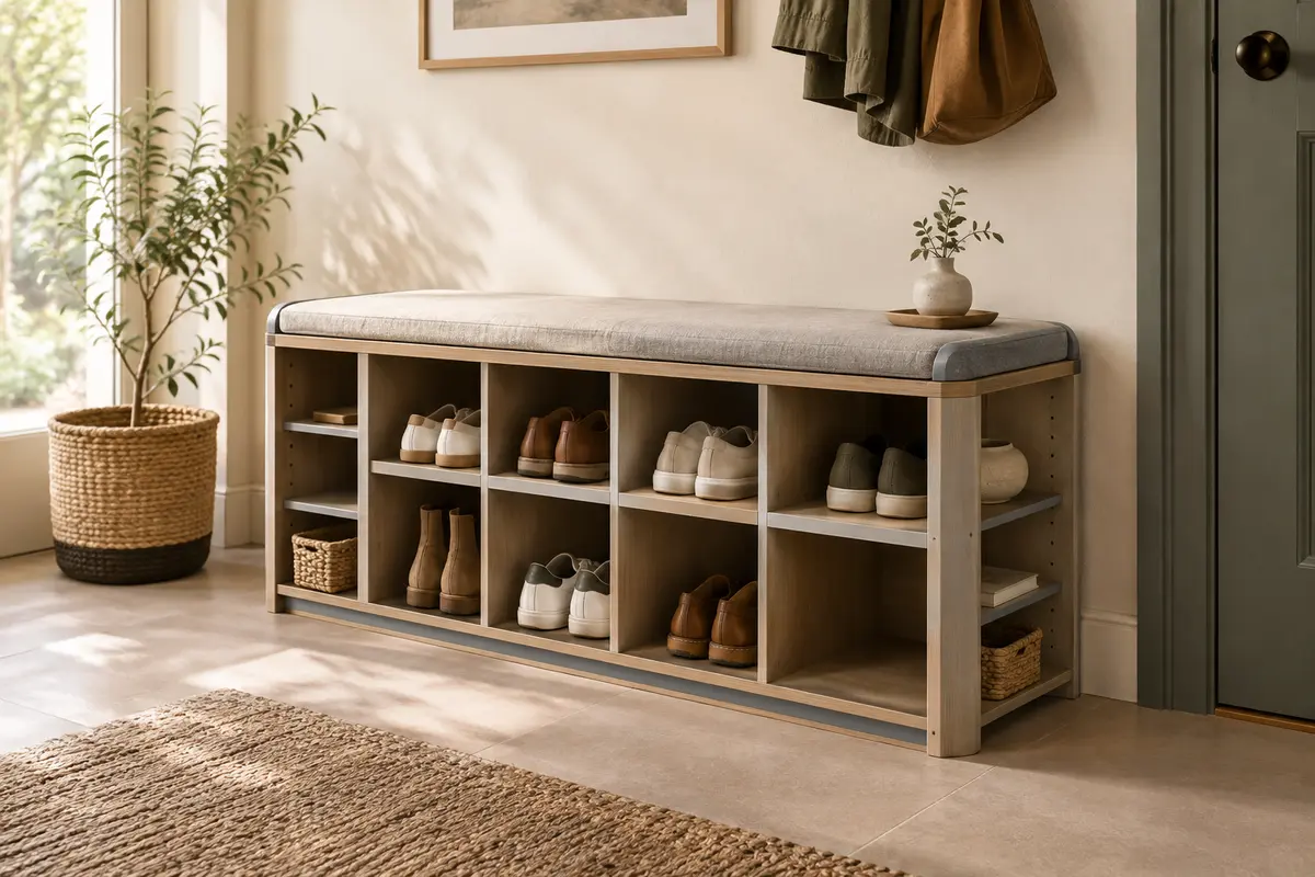 Banc à chaussures VASAGLE avec coussin en tissu imitation lin et compartiments ouverts dans une entrée