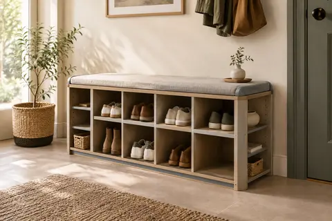 Banc à chaussures VASAGLE avec coussin en tissu imitation lin et compartiments ouverts dans une entrée