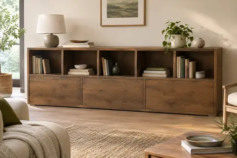Bibliothèque basse VASAGLE marron rustique à 11 compartiments, garnie de livres et d’objets déco