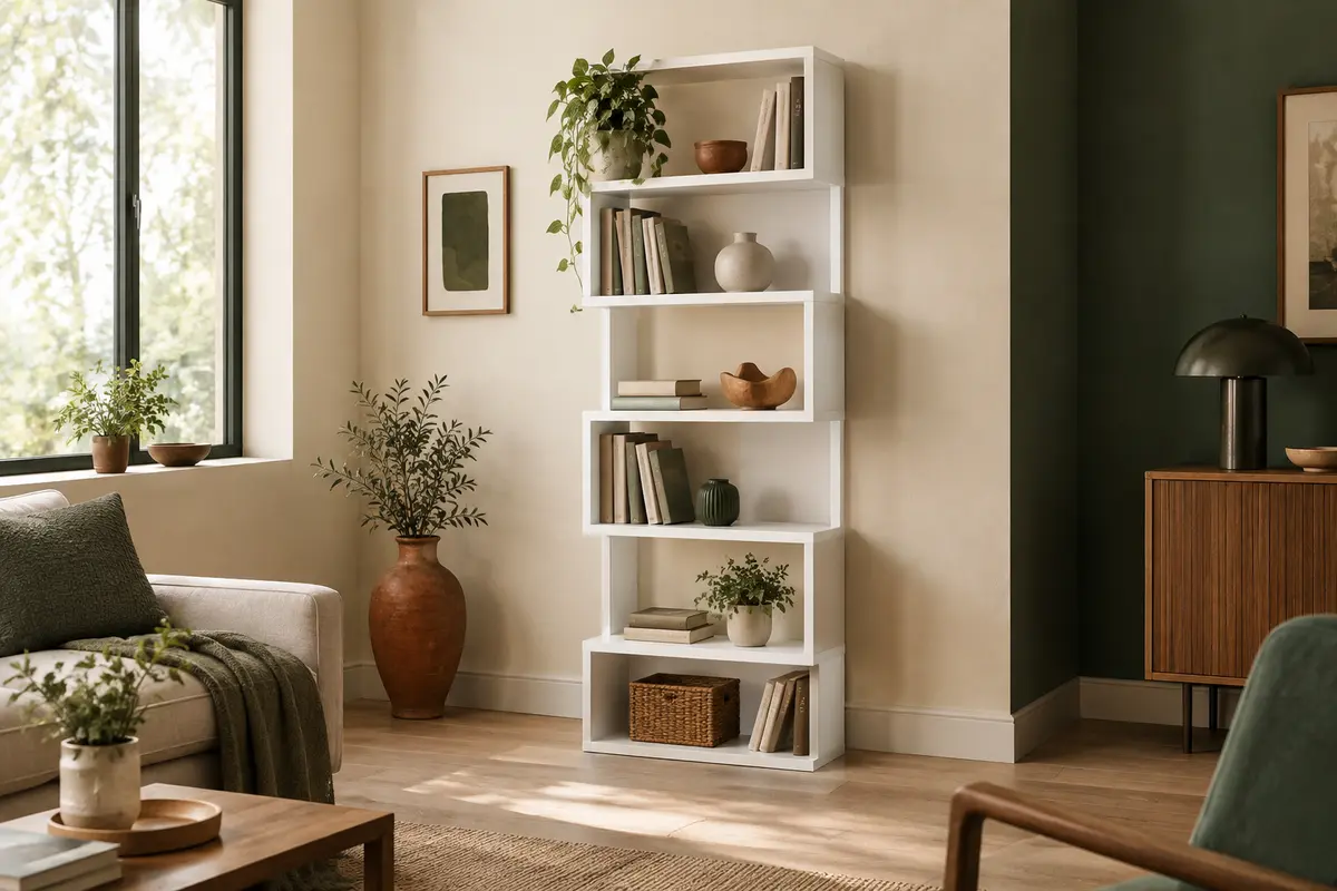 Bibliothèque blanche en forme de S à six niveaux, décorée de livres et d’objets sobres dans un intérieur lumineux.