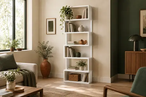 Bibliothèque blanche en forme de S à six niveaux, décorée de livres et d’objets sobres dans un intérieur lumineux.