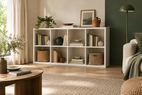 Bibliothèque VASAGLE blanche à dix compartiments ouverts, décorée de livres et d’objets dans un intérieur lumineux.