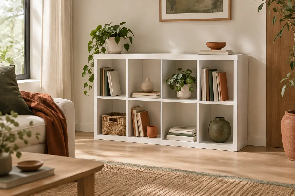 Bibliothèque blanche mate à huit casiers ouverte, décorée de livres et d’objets dans un intérieur chaleureux.