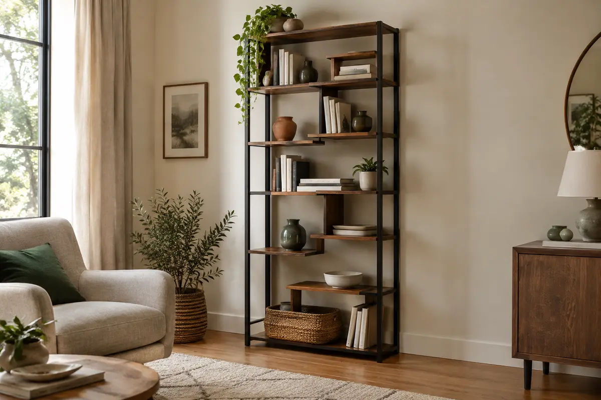 Bibliothèque marron rustique et acier noir à 14 étagères décalées dans un séjour lumineux