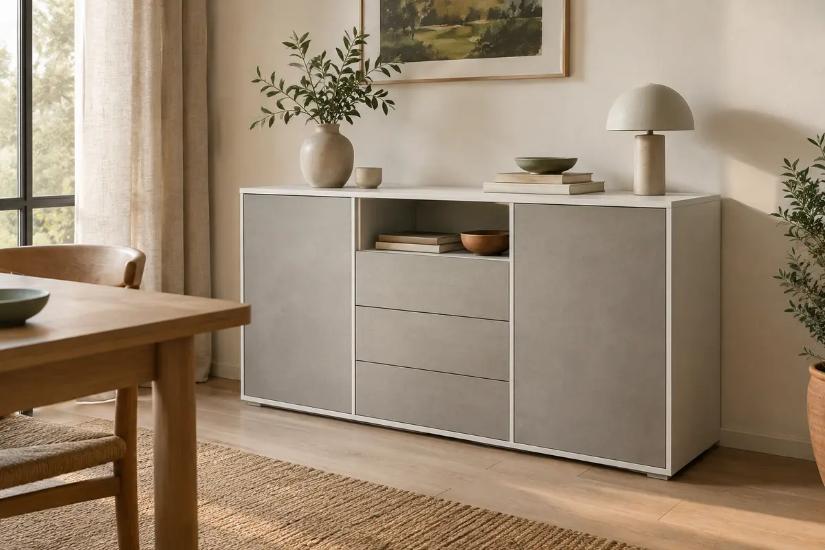 Buffet VASAGLE blanc nuage et gris béton avec trois tiroirs, deux portes et un compartiment ouvert
