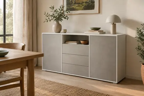 Buffet VASAGLE blanc nuage et gris béton avec trois tiroirs, deux portes et un compartiment ouvert