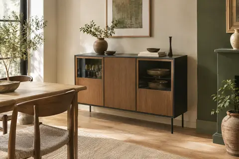 Buffet marron camel à trois portes, avec parties vitrées et cadre en acier noir, dans une salle à manger lumineuse.