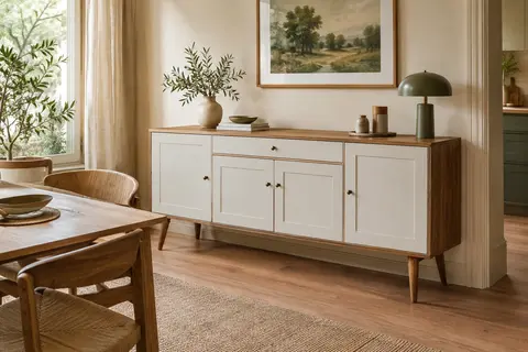 Buffet bas blanc rustique et marron miel avec quatre portes, un tiroir et des pieds surélevés