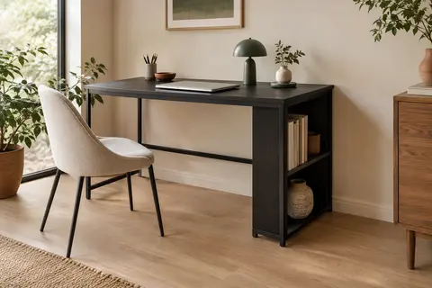 Bureau VASAGLE noir boisé avec structure en acier noir mat et rangement latéral réversible.