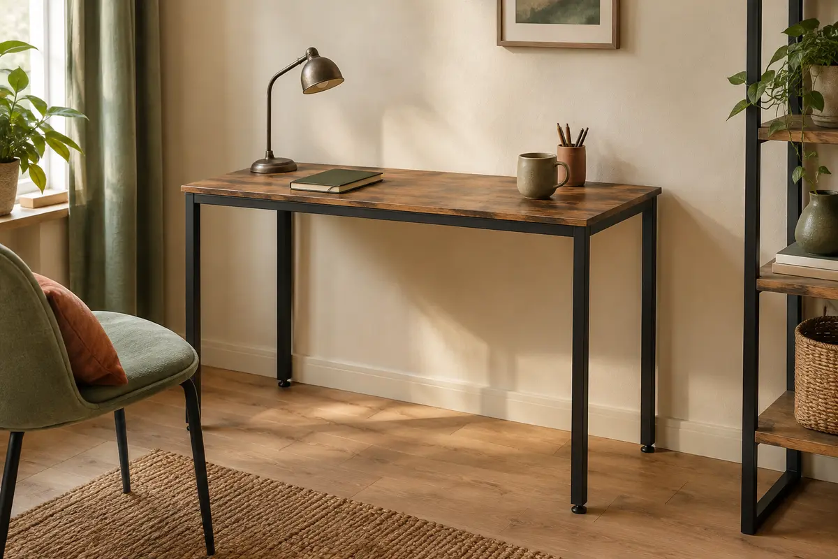 Bureau VASAGLE compact avec plateau marron rustique et cadre en acier noir dans un intérieur lumineux