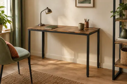 Bureau VASAGLE compact avec plateau marron rustique et cadre en acier noir dans un intérieur lumineux