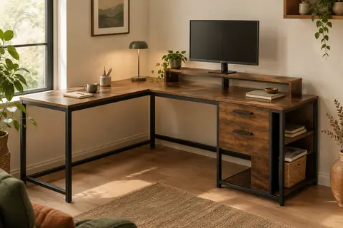 Bureau d’angle marron rustique et noir mat avec support de moniteur, tiroirs et étagère réglable