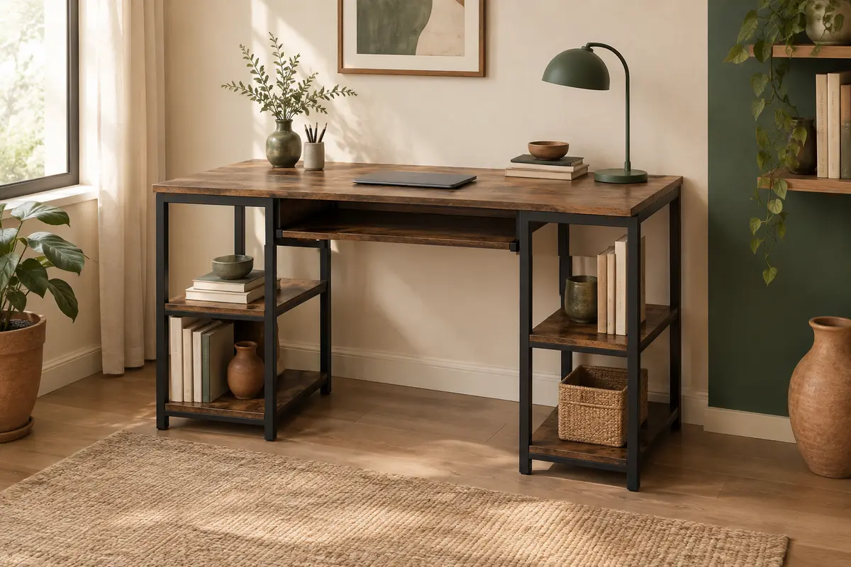 Bureau informatique marron rustique et noir avec deux étagères latérales dans un intérieur lumineux.