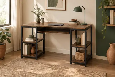 Bureau informatique marron rustique et noir avec deux étagères latérales dans un intérieur lumineux.