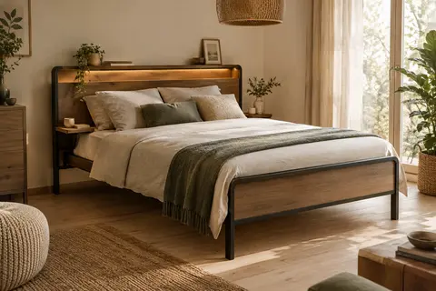 Cadre de lit métallique marron naturel avec bande LED, étagère de chevet et espace de rangement sous le lit.