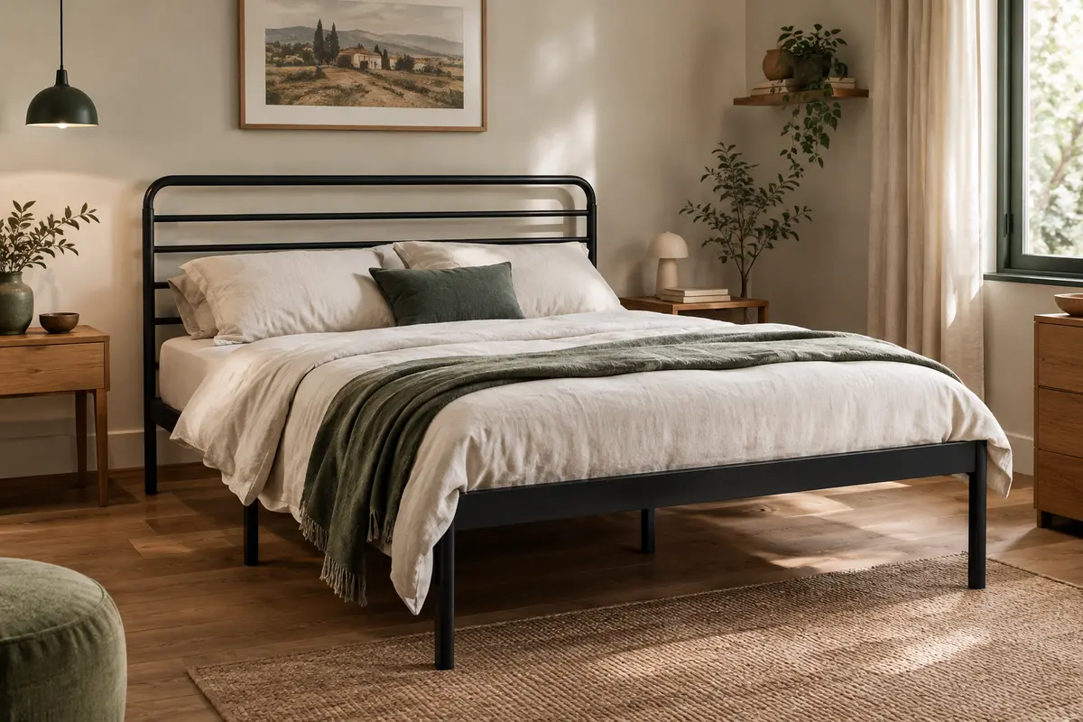Cadre de lit double en métal noir avec tête de lit, présenté dans une chambre aux matières naturelles.