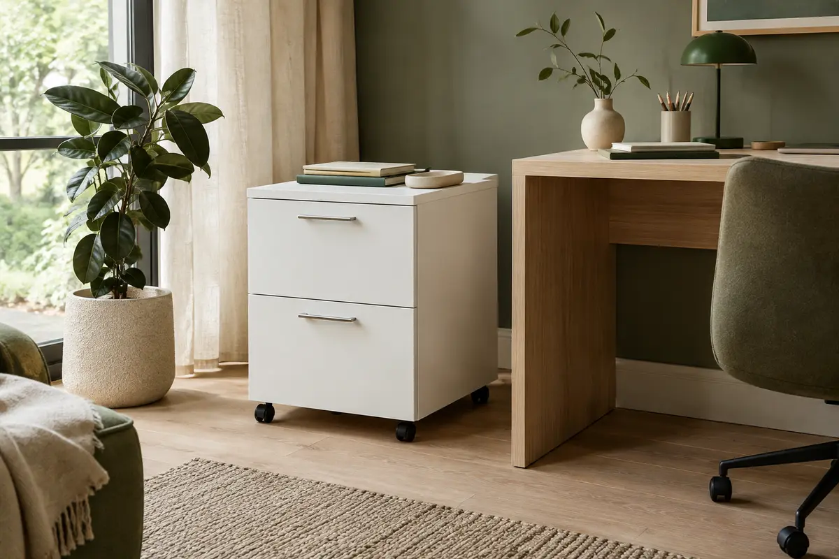 Caisson de bureau blanc VASAGLE à deux tiroirs verrouillables et roulettes, près d’un bureau en bois clair.