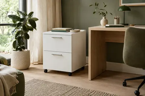 Caisson de bureau blanc VASAGLE à deux tiroirs verrouillables et roulettes, près d’un bureau en bois clair.